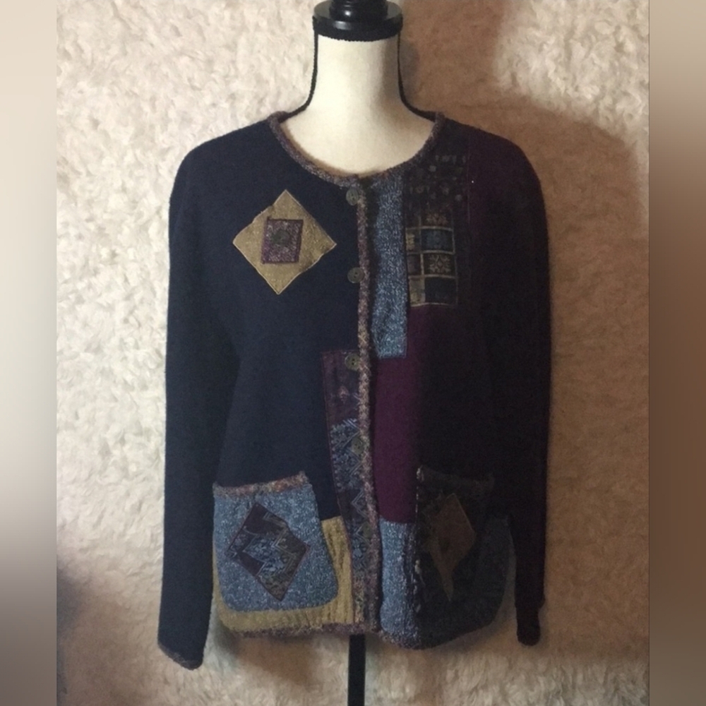 Koret Women's Cardigan 100% Wool Patchwork Vintage Cottagecore Grandma Vintage L